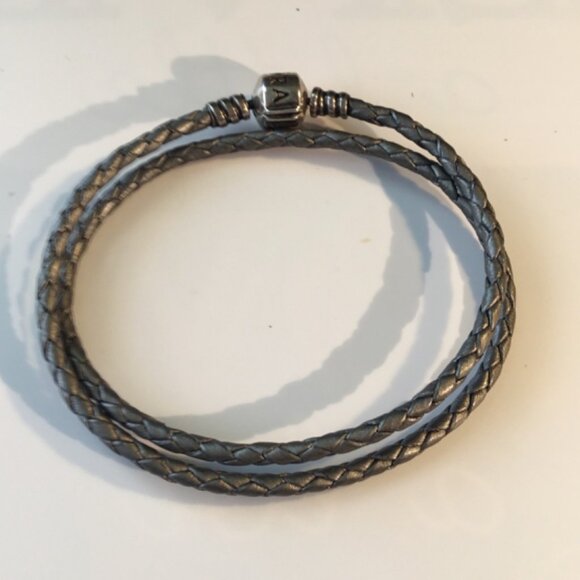 925 Sterling Silver Pandora ALE Grey Leather Wrap Charm Bracelet 15 3/4" - Picture 1 of 5